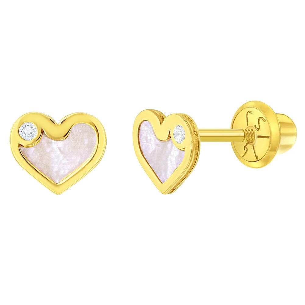 Mother of Pearl CZ Heart Baby Children Screw Back Earrings - Trendolla Jewelry