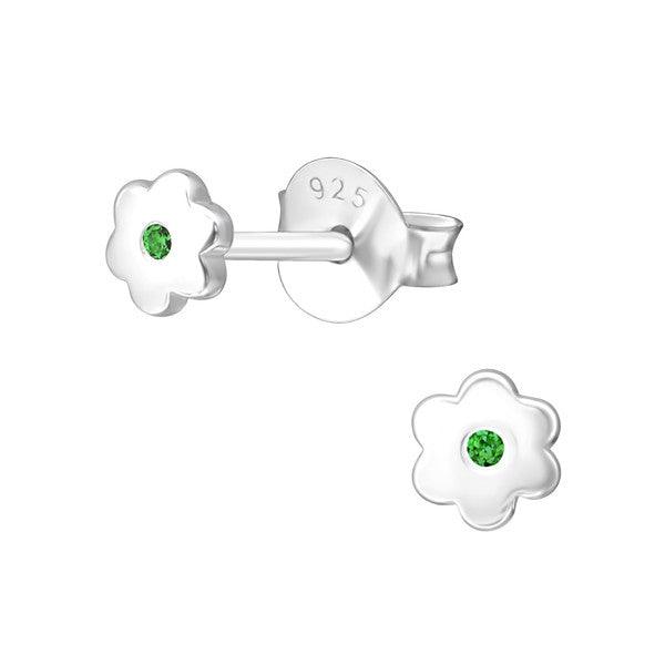 Sterling Silver Flower Baby Children Earrings with Central Emerald CZ - May Birthstone - Trendolla Jewelry